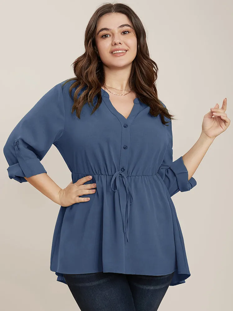 Plain Knotted Cuffed Sleeve Ruffles Asymmetrical Hem Blouse sold by Bloomchic