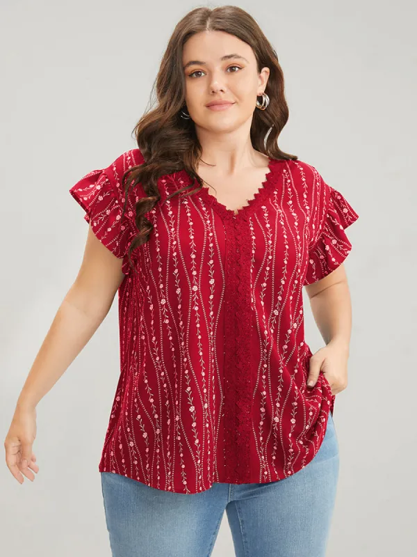 Floral Contrast Lace Ruffle Trim Blouse sold by Bloomchic