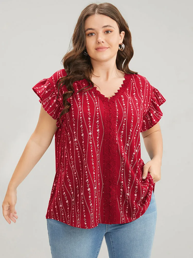 Floral Contrast Lace Ruffle Trim Blouse sold by Bloomchic