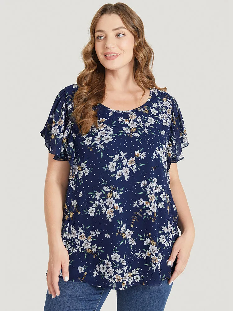 Floral Printed Ruffle Sleeve Round Neck Blouse sold by Bloomchic