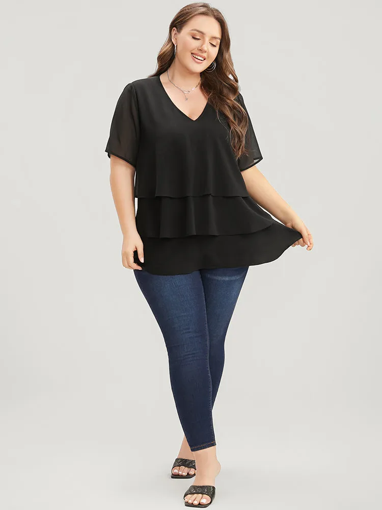 Plain V Neck Mesh Ruffle Tiered Blouse sold by Bloomchic product image thumbnail 3