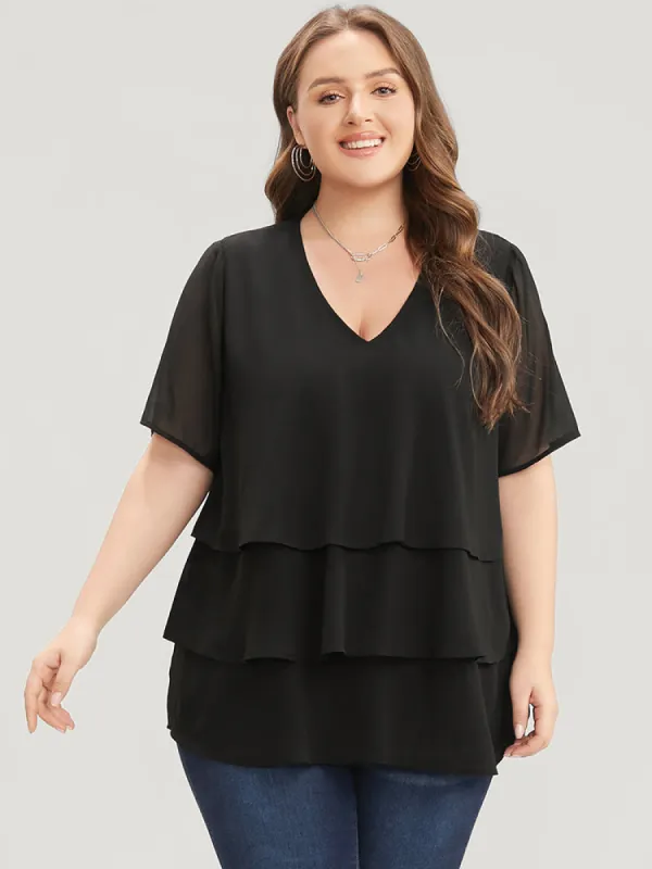Plain V Neck Mesh Ruffle Tiered Blouse sold by Bloomchic