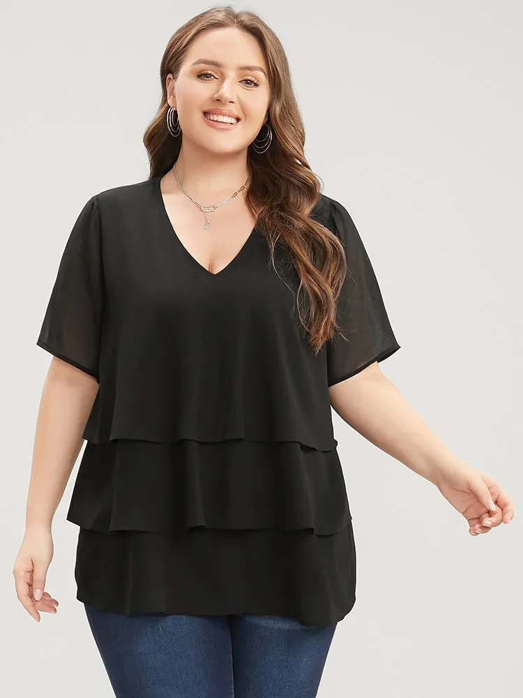 Plain V Neck Mesh Ruffle Tiered Blouse sold by Bloomchic product image thumbnail 2