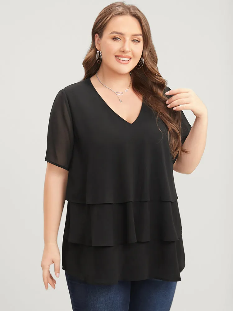 Plain V Neck Mesh Ruffle Tiered Blouse sold by Bloomchic product image thumbnail 4
