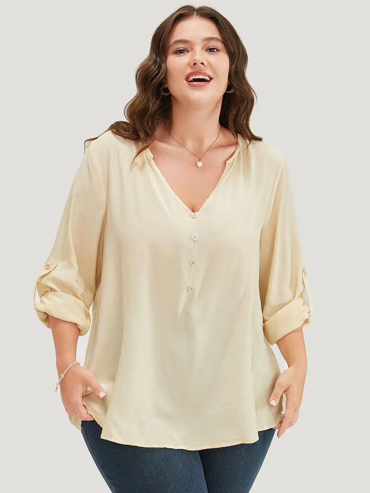 Plain V Neck Button Detail Cuffed Sleeve Blouse sold by Bloomchic