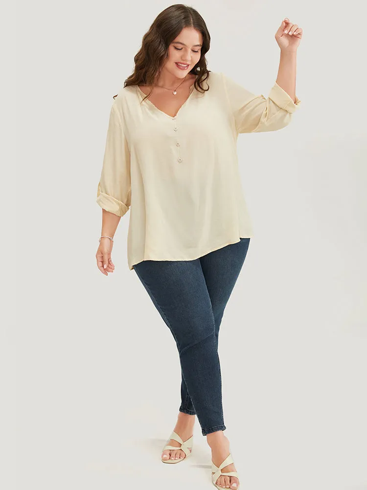 Plain V Neck Button Detail Cuffed Sleeve Blouse sold by Bloomchic product image thumbnail 4