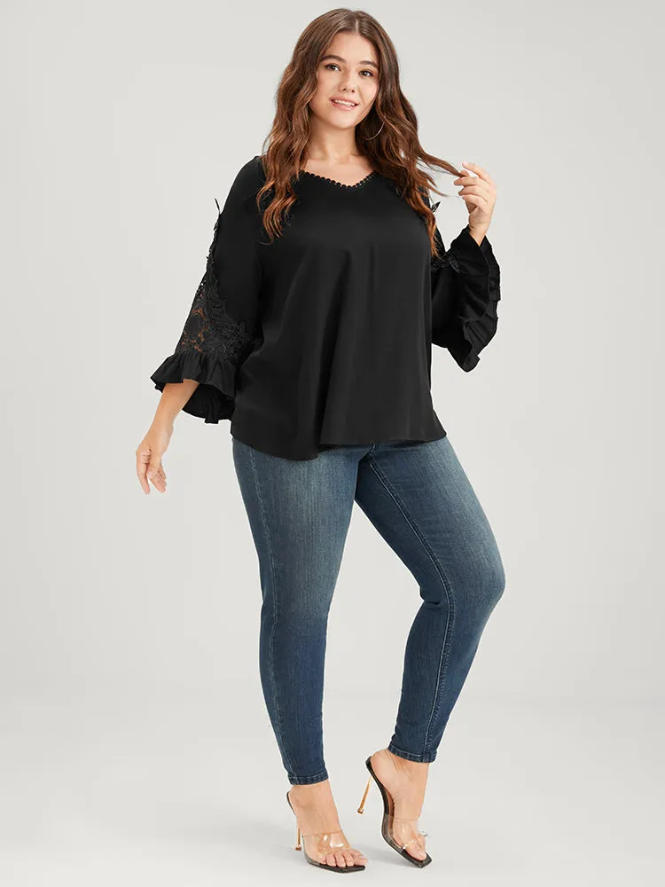Solid Lace Flounce Sleeve V Neck Blouse sold by Bloomchic product image thumbnail 2