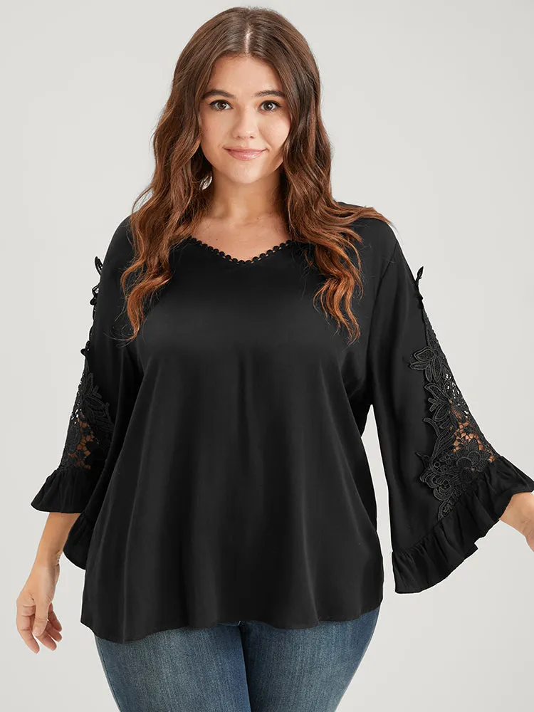 Solid Lace Flounce Sleeve V Neck Blouse sold by Bloomchic