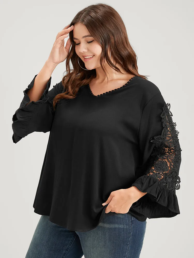 Solid Lace Flounce Sleeve V Neck Blouse sold by Bloomchic product image thumbnail 3