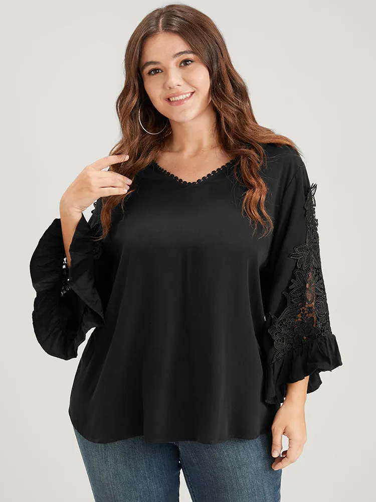 Solid Lace Flounce Sleeve V Neck Blouse sold by Bloomchic product image thumbnail 4