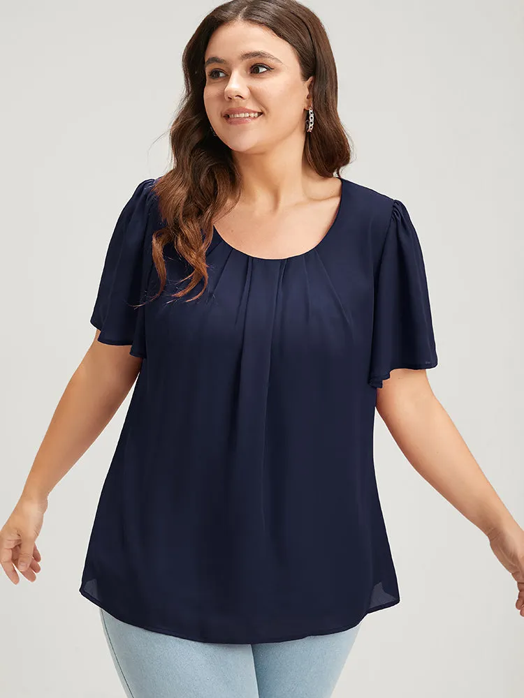 Solid Pleated Flutter Round Neck Blouse sold by Bloomchic