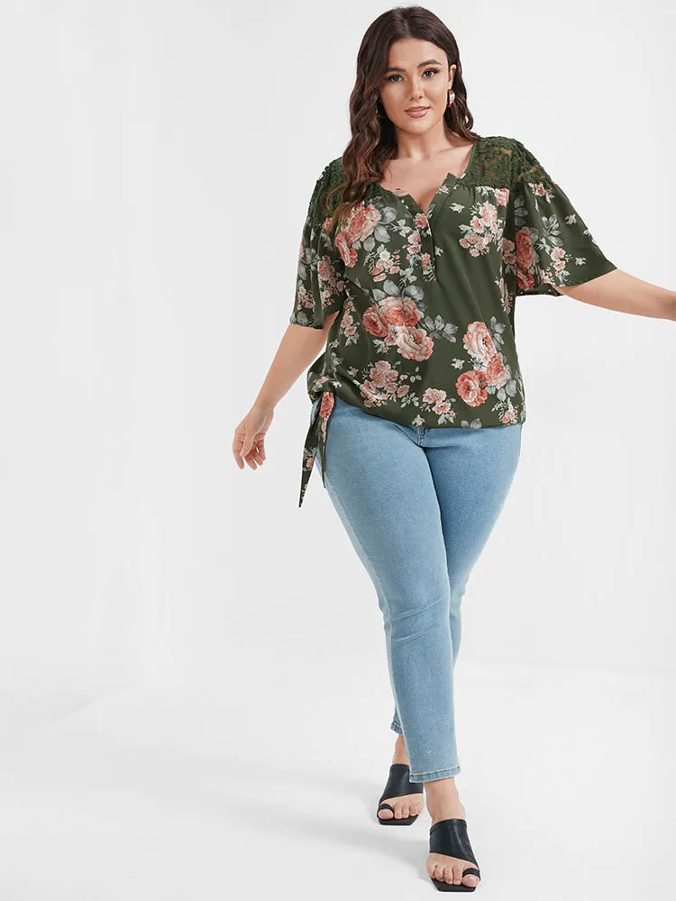 Floral Contrast Lace Knotted Side Ruffled Blouse sold by Bloomchic product image thumbnail 2