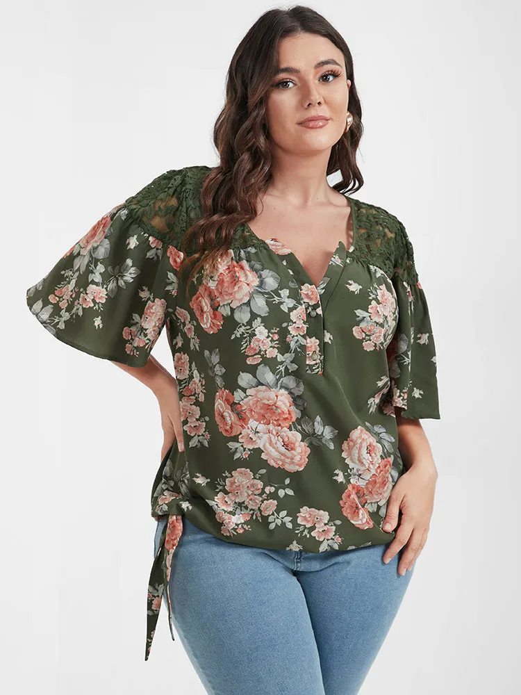 Floral Contrast Lace Knotted Side Ruffled Blouse sold by Bloomchic product image thumbnail 4