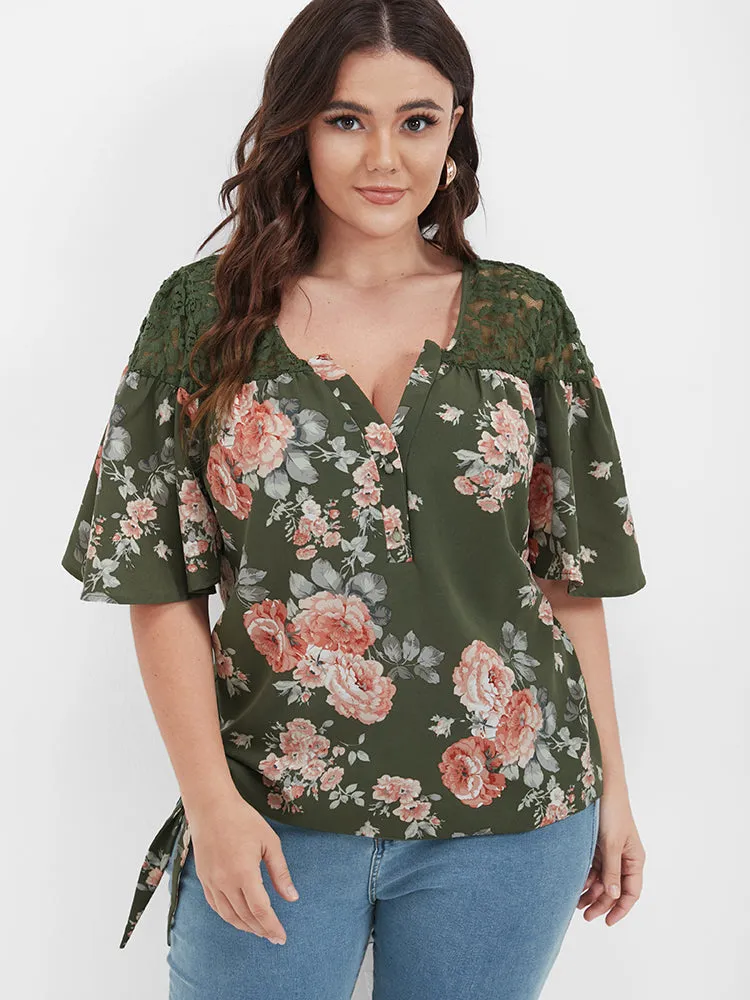 Floral Contrast Lace Knotted Side Ruffled Blouse sold by Bloomchic product image thumbnail 3