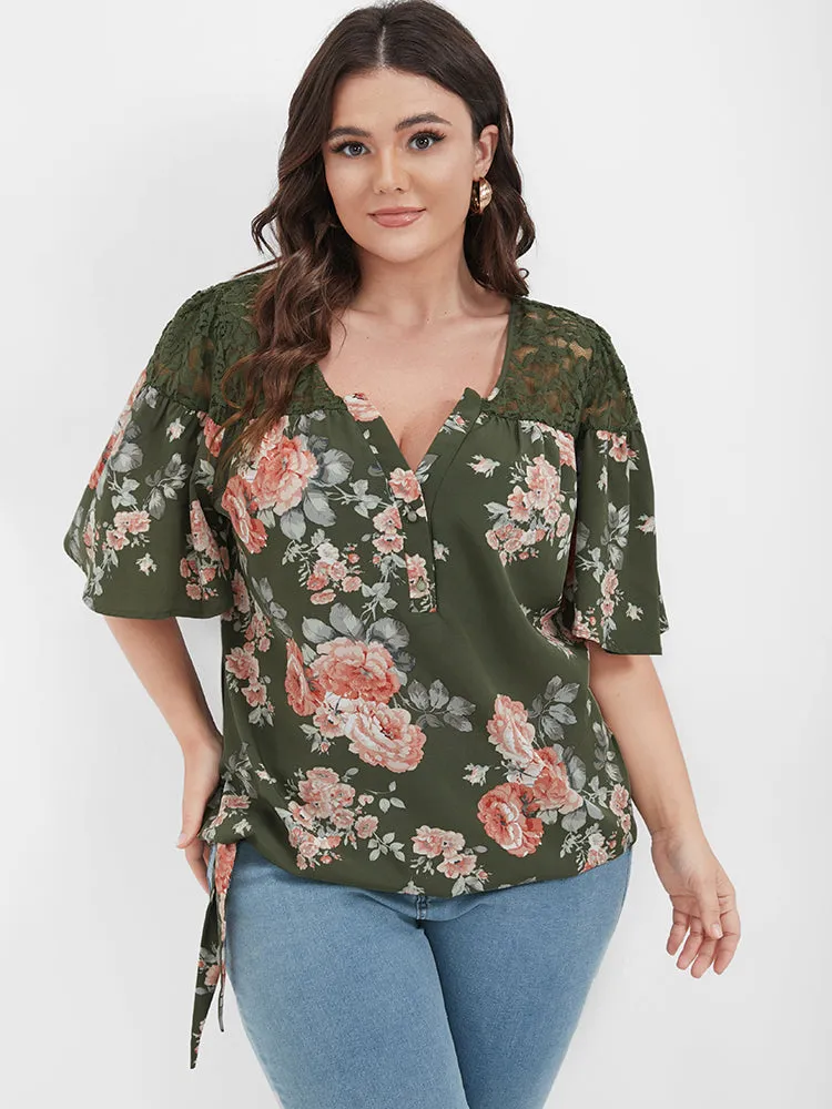 Floral Contrast Lace Knotted Side Ruffled Blouse sold by Bloomchic