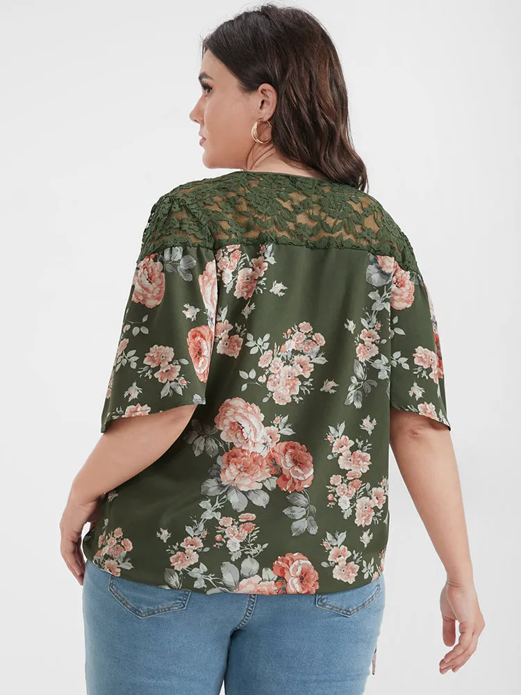 Floral Contrast Lace Knotted Side Ruffled Blouse sold by Bloomchic product image thumbnail 5