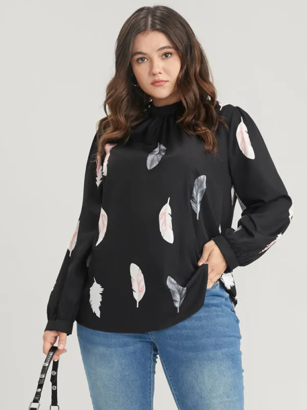 Feather Print Mock Neck Lantern Sleeve Blouse sold by Bloomchic