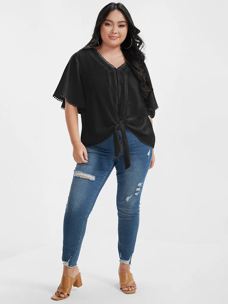 Solid Ties Eyelet Lace Ruffled V Neck Blouse sold by Bloomchic product image thumbnail 2