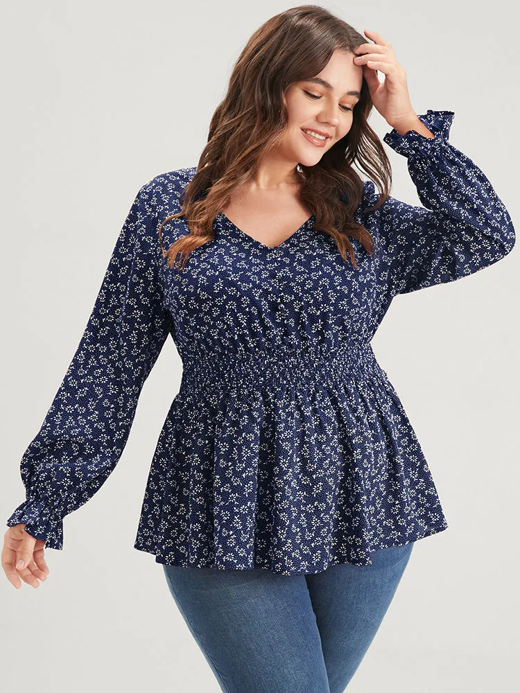 Ditsy Floral Button Lantern Sleeve Ruffle Hem Shirred Blouse sold by Bloomchic product image thumbnail 5
