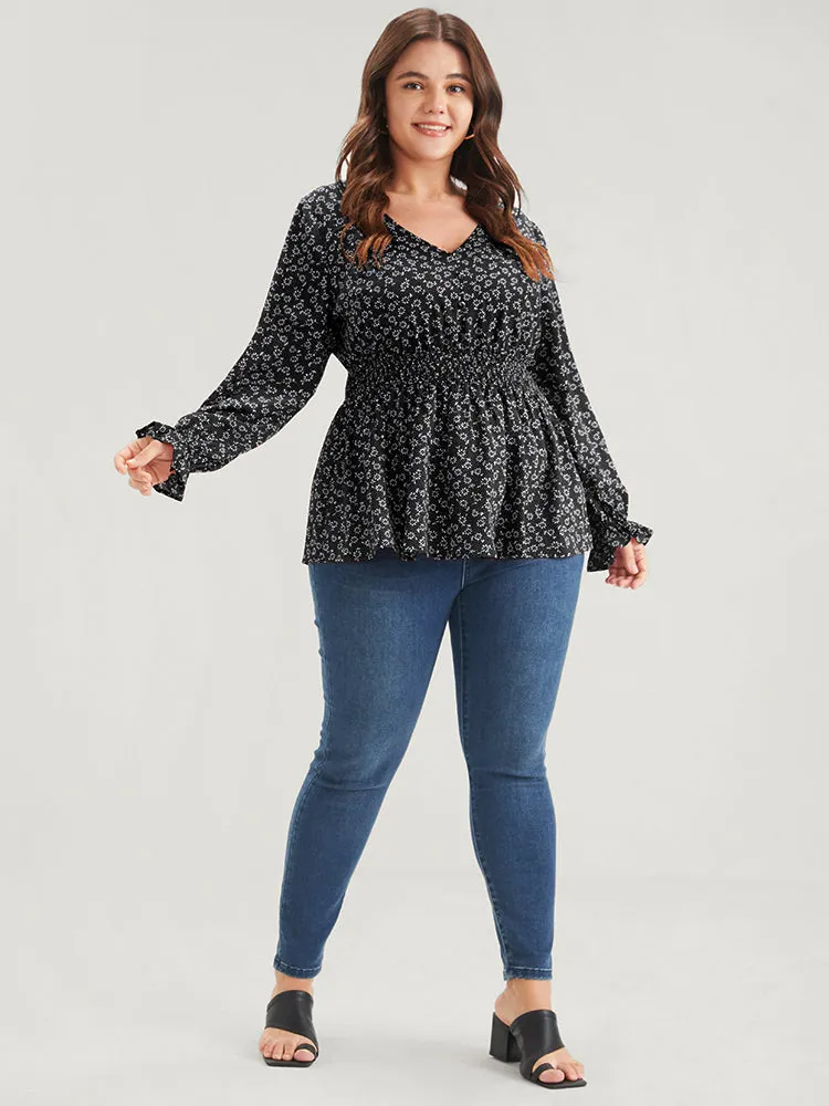 Ditsy Floral Button Lantern Sleeve Ruffle Hem Shirred Blouse sold by Bloomchic product image thumbnail 3