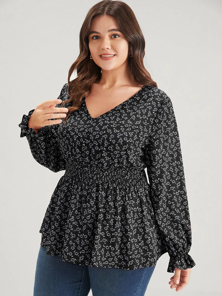 Ditsy Floral Button Lantern Sleeve Ruffle Hem Shirred Blouse sold by Bloomchic product image thumbnail 4