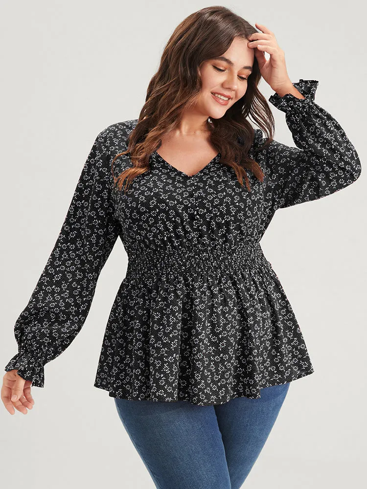 Ditsy Floral Button Lantern Sleeve Ruffle Hem Shirred Blouse sold by Bloomchic
