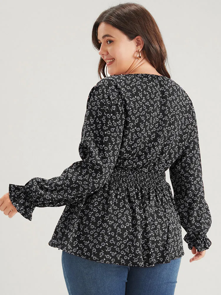 Ditsy Floral Button Lantern Sleeve Ruffle Hem Shirred Blouse sold by Bloomchic product image thumbnail 2