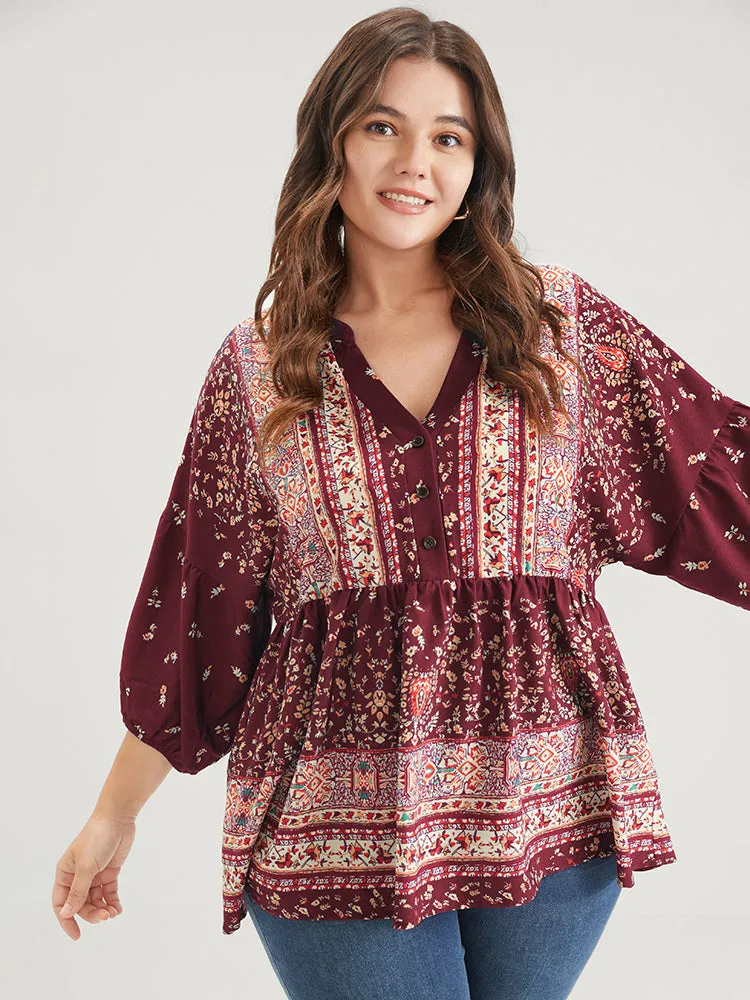 Bandana Button Lantern Sleeve Ruffles Blouse sold by Bloomchic