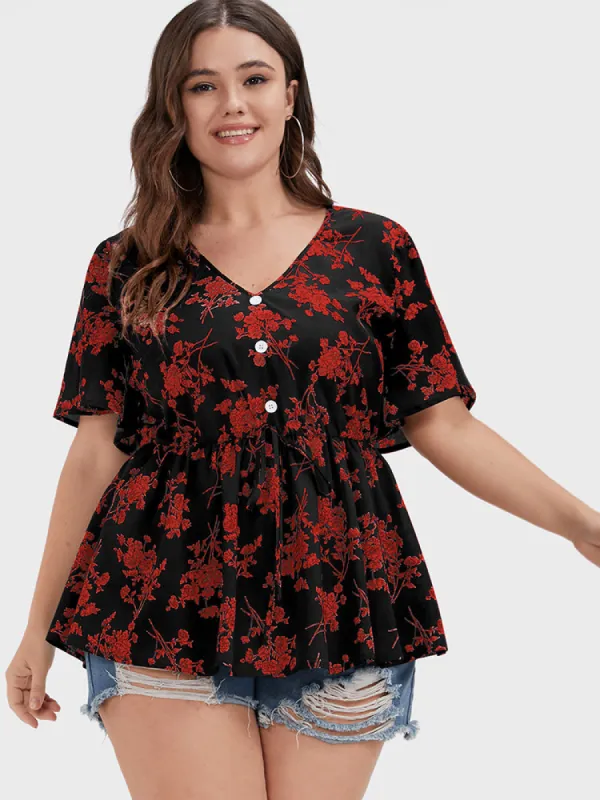 Floral Ties Button Ruffles V Neck Blouse sold by Bloomchic