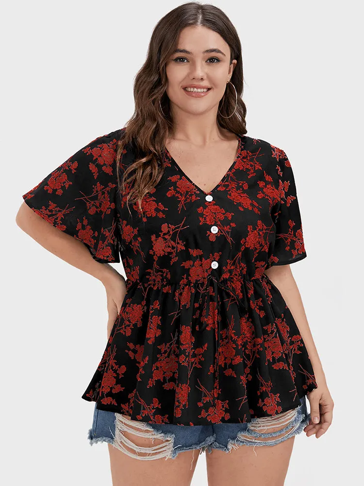 Floral Ties Button Ruffles V Neck Blouse sold by Bloomchic product image thumbnail 2