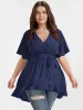 Solid Belted Asymmetrical Hem Flutter Wrap Blouse sold by Bloomchic