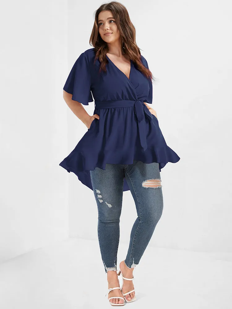 Solid Belted Asymmetrical Hem Flutter Wrap Blouse sold by Bloomchic product image thumbnail 3