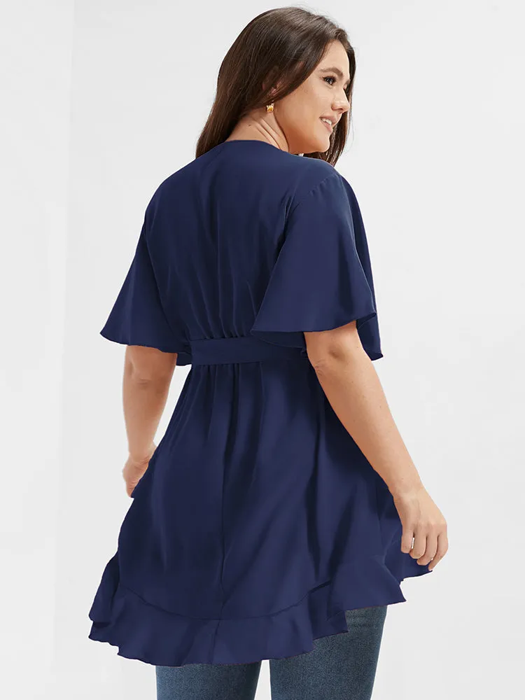 Solid Belted Asymmetrical Hem Flutter Wrap Blouse sold by Bloomchic product image thumbnail 2