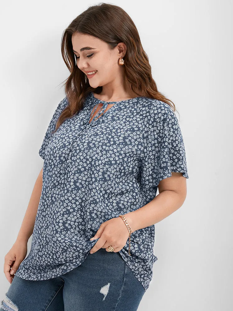 Ditsy Floral Tie Neck Flutter Sleeve Blouse sold by Bloomchic product image thumbnail 4