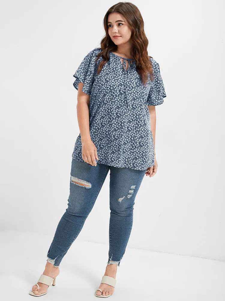 Ditsy Floral Tie Neck Flutter Sleeve Blouse sold by Bloomchic product image thumbnail 2