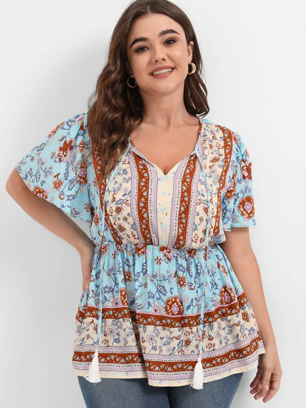 Floral Ruffled Ties V Neck Blouse sold by Bloomchic