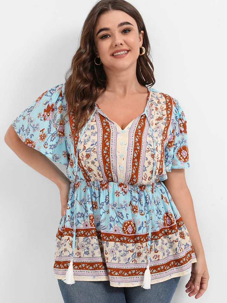 Floral Ruffled Ties V Neck Blouse sold by Bloomchic