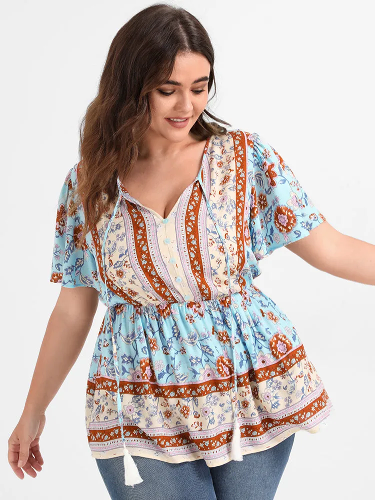 Floral Ruffled Ties V Neck Blouse sold by Bloomchic product image thumbnail 5