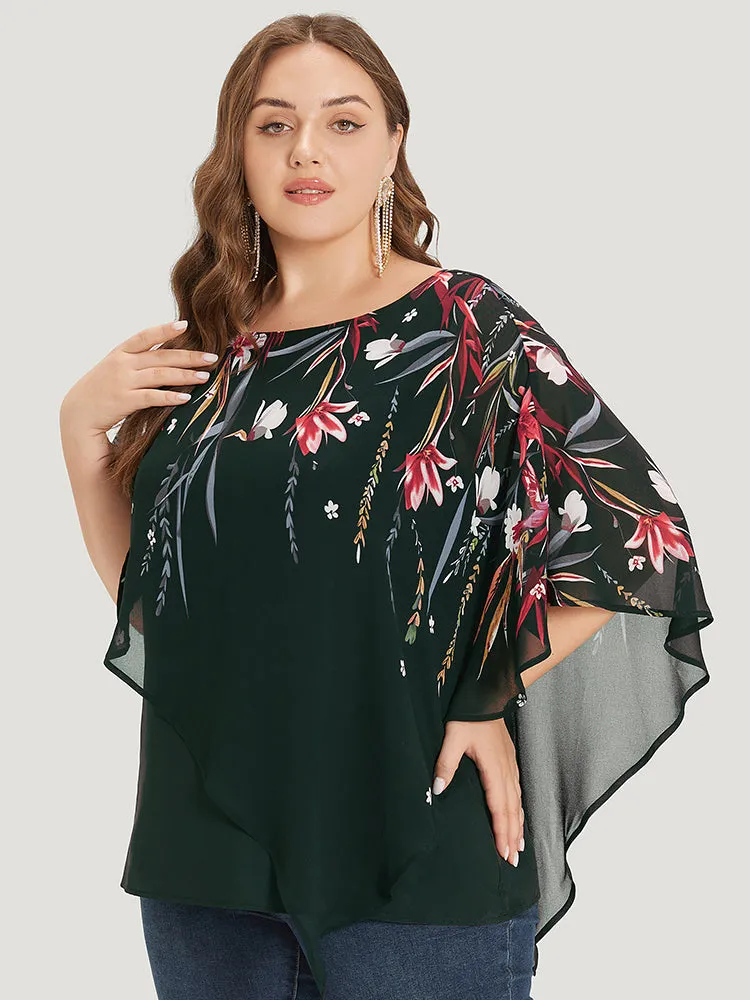 Floral Print Crochet Mesh Asymmetrical Batwing Sleeve Blouse sold by Bloomchic product image thumbnail 3