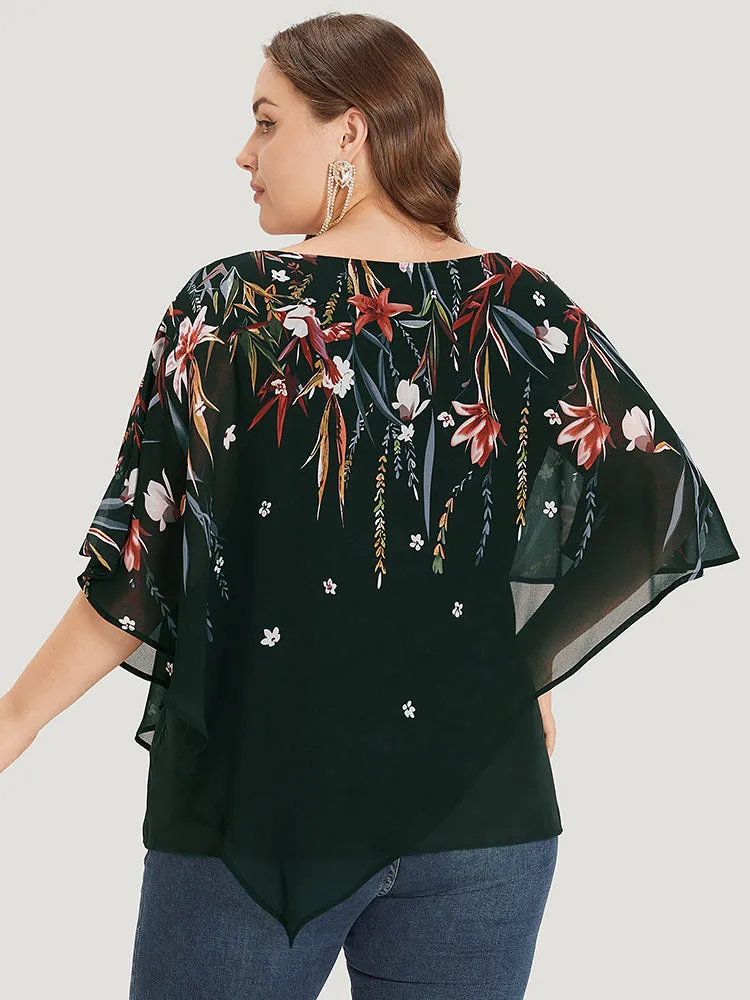 Floral Print Crochet Mesh Asymmetrical Batwing Sleeve Blouse sold by Bloomchic product image thumbnail 5