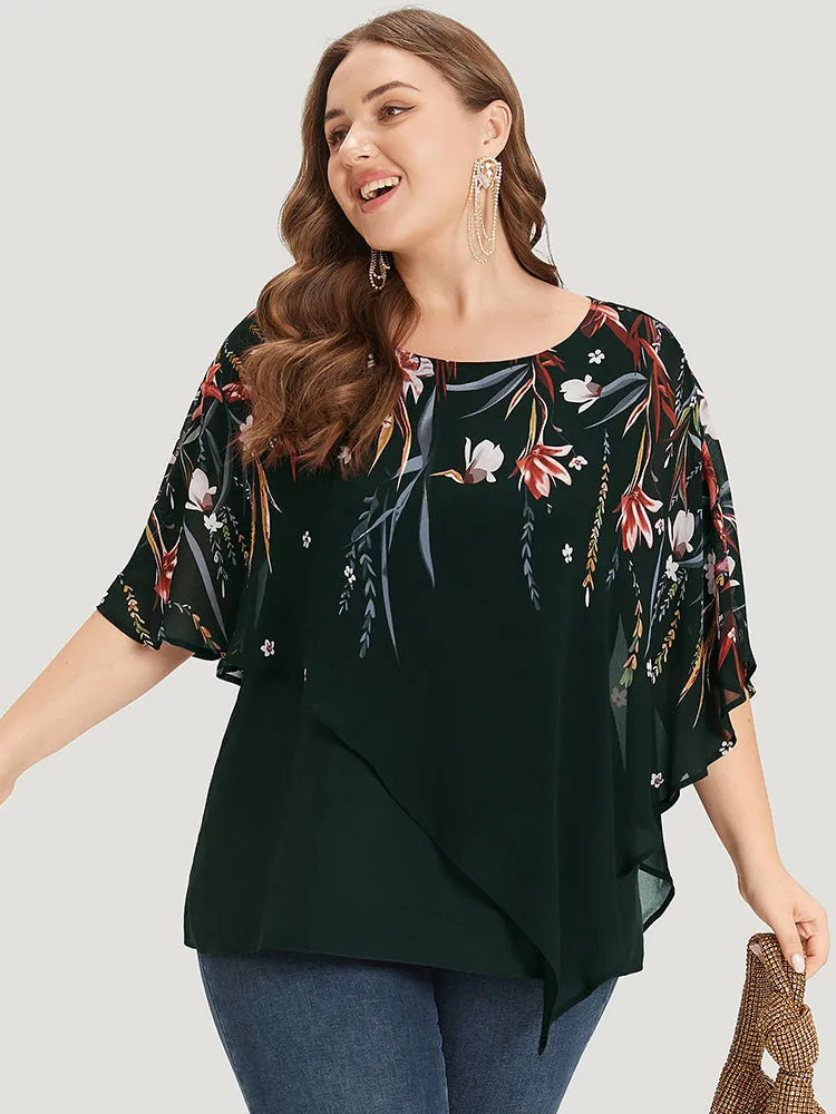 Floral Print Crochet Mesh Asymmetrical Batwing Sleeve Blouse sold by Bloomchic product image thumbnail 2