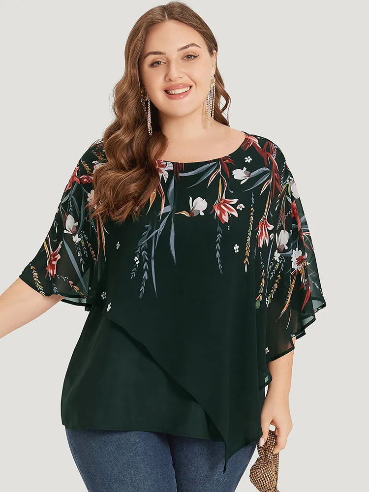 Floral Print Crochet Mesh Asymmetrical Batwing Sleeve Blouse sold by Bloomchic