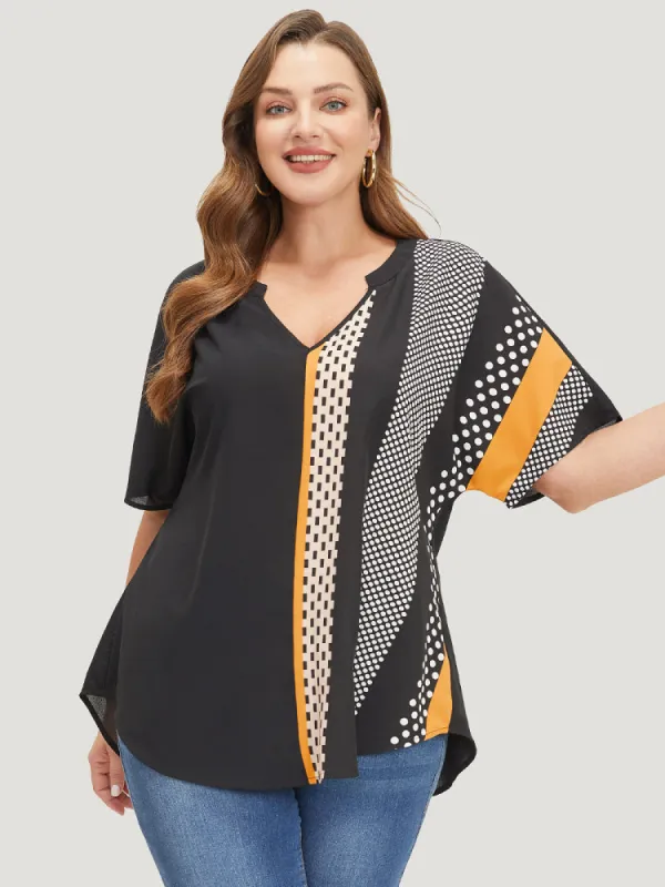 Contrast Patchwork Notched Arc Hem Blouse sold by Bloomchic