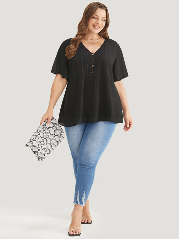 Plain V Neck Mesh Ruffle Sleeve Button Detail Blouse sold by Bloomchic product image thumbnail 5