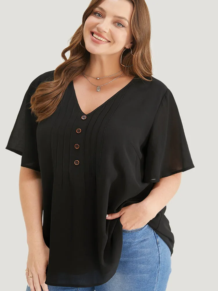 Plain V Neck Mesh Ruffle Sleeve Button Detail Blouse sold by Bloomchic