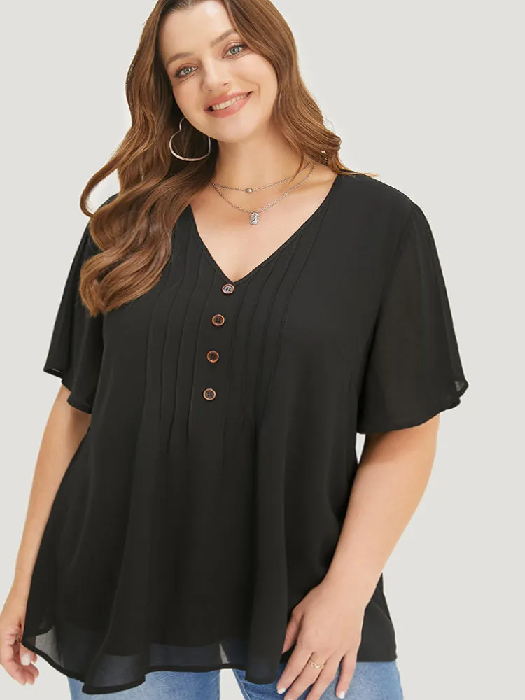Plain V Neck Mesh Ruffle Sleeve Button Detail Blouse sold by Bloomchic product image thumbnail 3