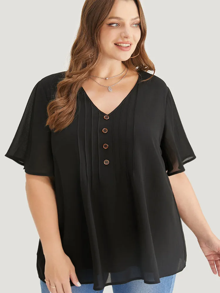 Plain V Neck Mesh Ruffle Sleeve Button Detail Blouse sold by Bloomchic product image thumbnail 4