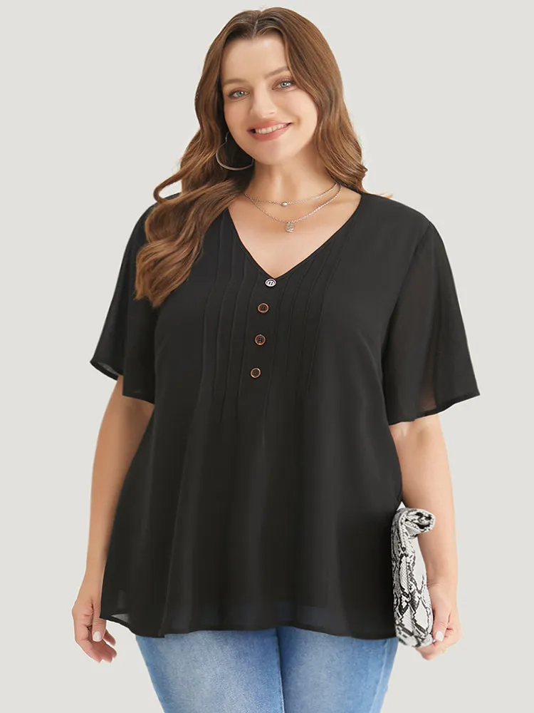 Plain V Neck Mesh Ruffle Sleeve Button Detail Blouse sold by Bloomchic product image thumbnail 2
