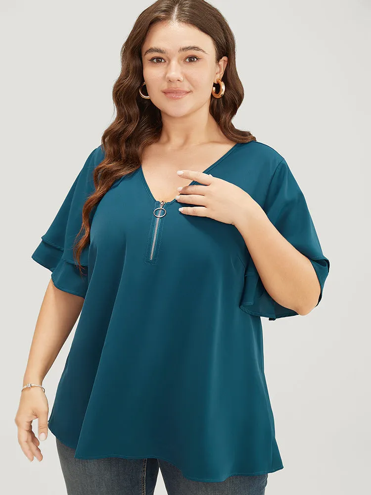 Solid Tiered Sleeve Half Zipper Blouse sold by Bloomchic product image thumbnail 2