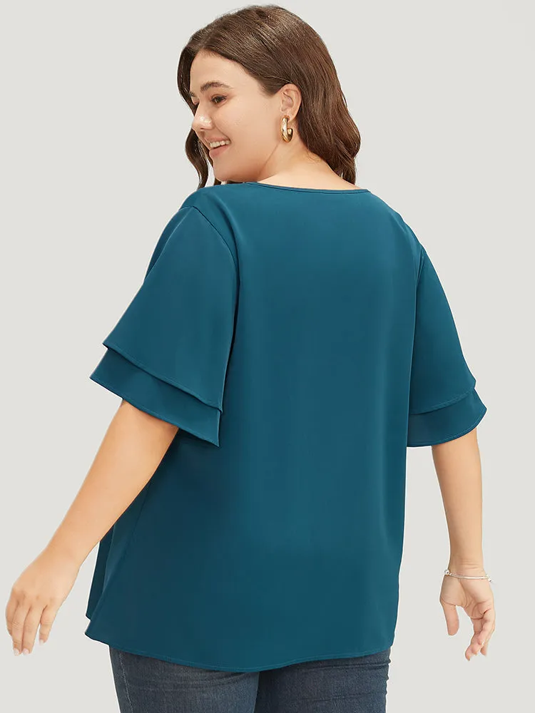 Solid Tiered Sleeve Half Zipper Blouse sold by Bloomchic product image thumbnail 5